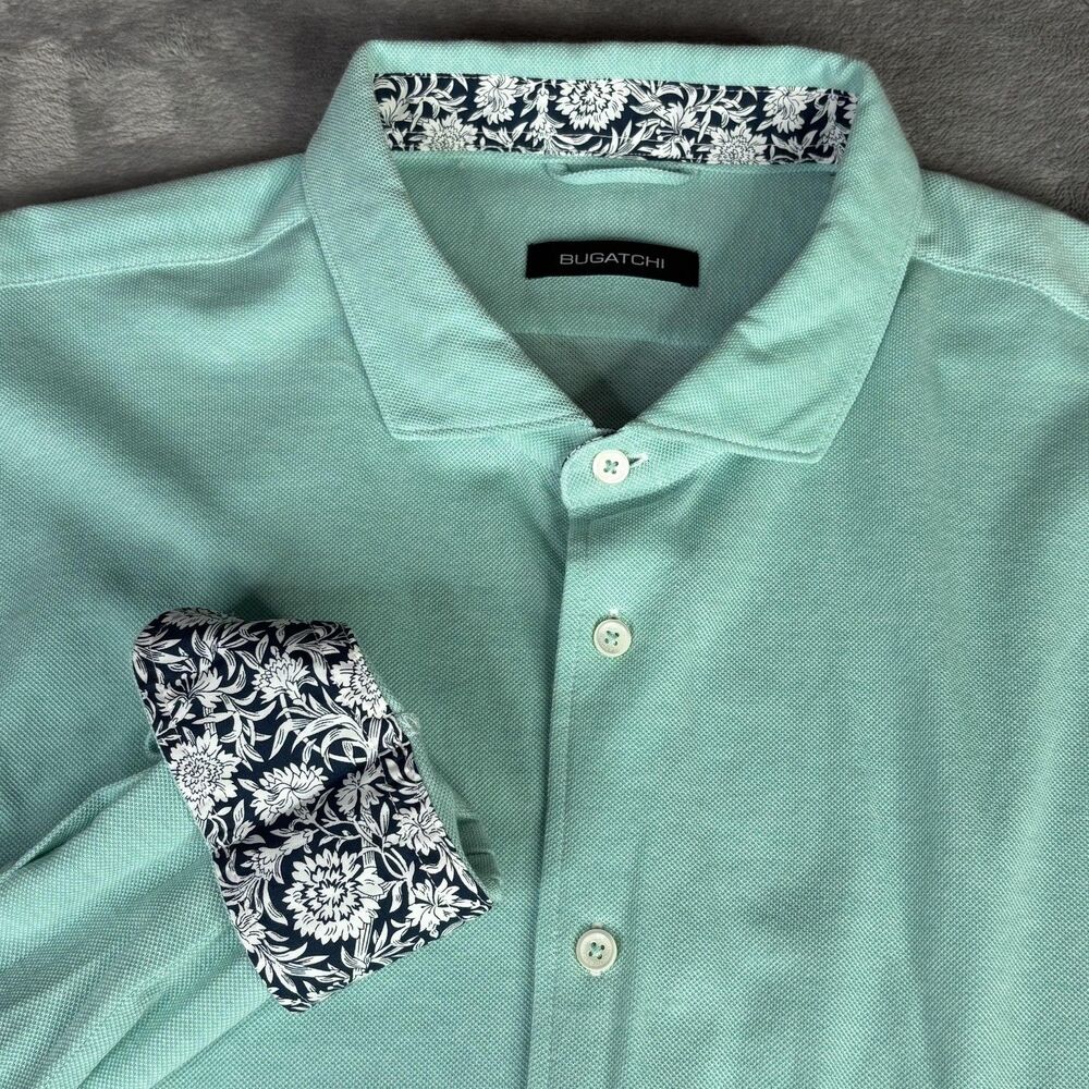 BUGATCHI‎ Shirt Mens 2XL Green Knit Long Sleeve Button-Up Contrasting Trim